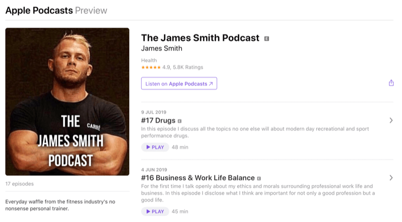 Strategi pemasaran media sosial; Tangkapan layar dari podcast James Smith di Apple Podcasts. James adalah influencer terkenal di bidang kebugaran.