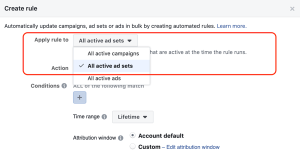Gunakan aturan otomatis Facebook, hentikan set iklan ketika pengeluaran dua kali lipat biaya dan kurang dari 1 pembelian, langkah 1, berlaku untuk semua set iklan