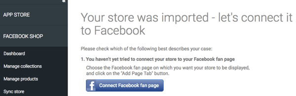 Setelah toko Anda diimpor melalui aplikasi StoreYa, pastikan itu terhubung ke Facebook.