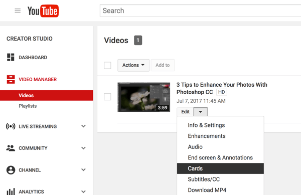 Di Pengelola Video YouTube Anda, klik panah bawah di samping Edit dan pilih Kartu.