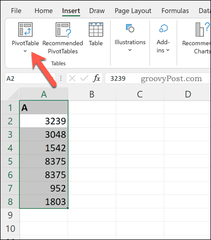Memasukkan tabel pivot di Excel