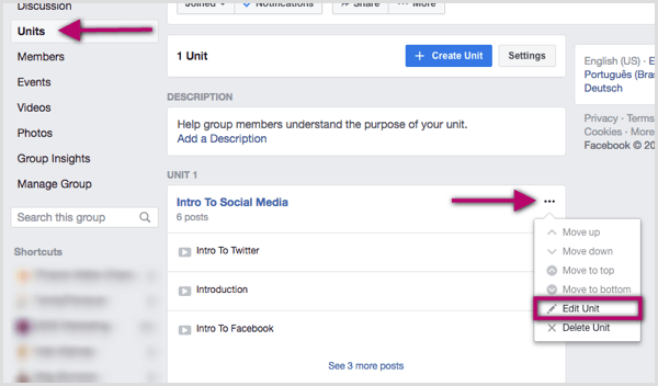 Klik pada tiga titik di sebelah kanan unit grup Facebook yang ingin Anda edit.