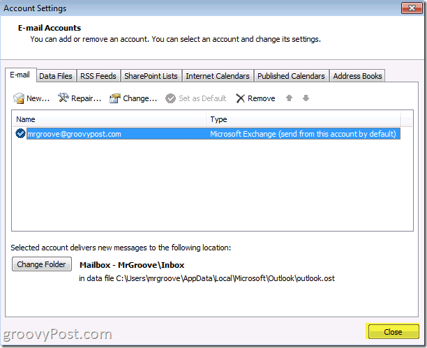 Tangkapan layar Screenshot Outlook 2010 untuk menyimpan tabungan akun