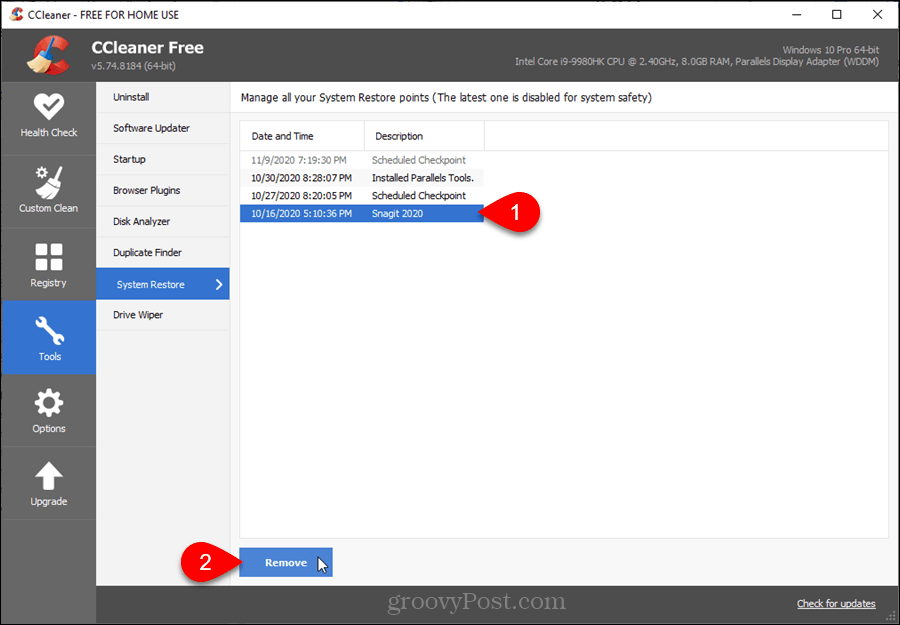 Titik Pemulihan Sistem di CCleaner