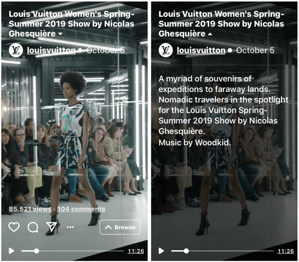 Contoh acara IGTV Louis Vuitton untuk Fashion Show Musim Semi-Musim Panas 2019 Wanita.