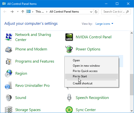 Item Panel Kontrol Pin Mulai Windows 10