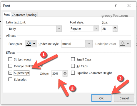 Opsi untuk menambahkan teks subskrip atau superskrip di PowerPoint di Windows