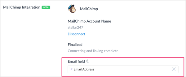 Di bagian Integrasi Mailchimp, klik di kotak Kolom Email dan pilih kolom kustom yang Anda buat untuk mengambil alamat email. 