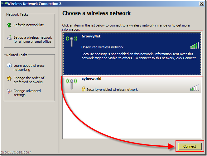 Menu Windows XP untuk Memilih Screenshot Jaringan Nirkabel:: groovyPost.com