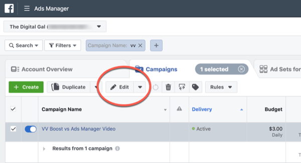Facebook ThruPlay Optimization untuk pengeditan kampanye tampilan 10 detik, langkah 1.