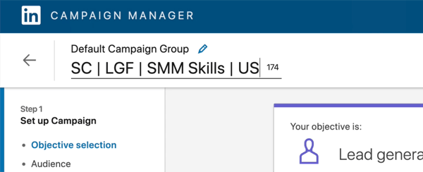 tangkapan layar dari nama kampanye LinkedIn yang diedit menjadi 'SC | LGF | Keterampilan SMM | KAMI'