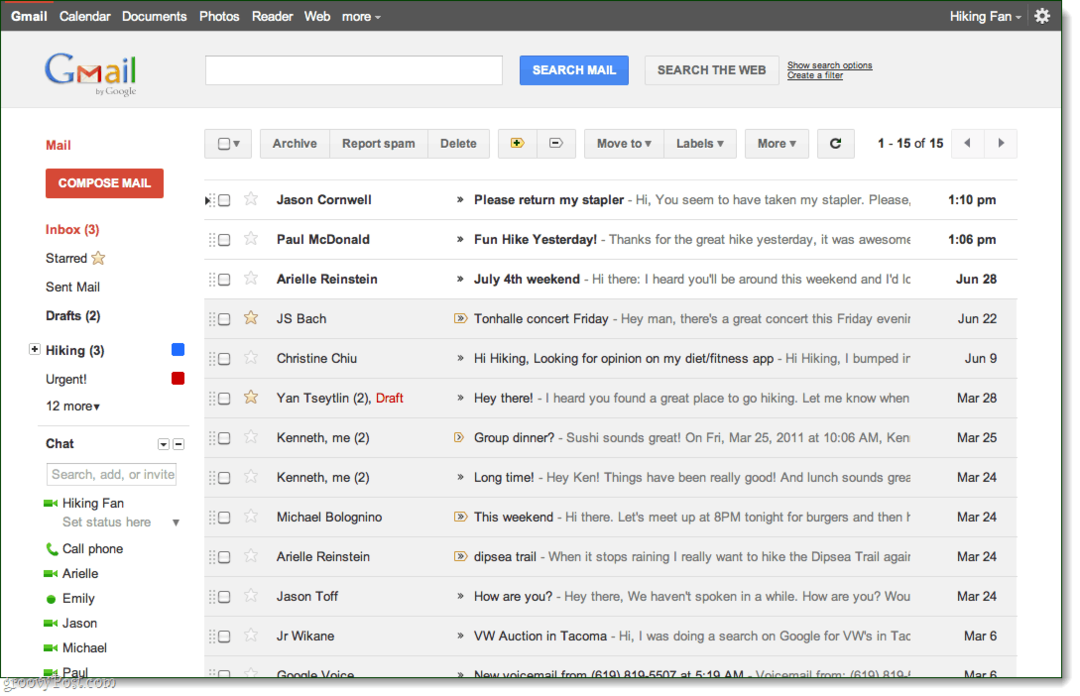 Tampilan kotak masuk Gmail, tema pratinjau