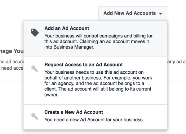 Pilih opsi untuk membuat akun iklan baru di Business Manager.
