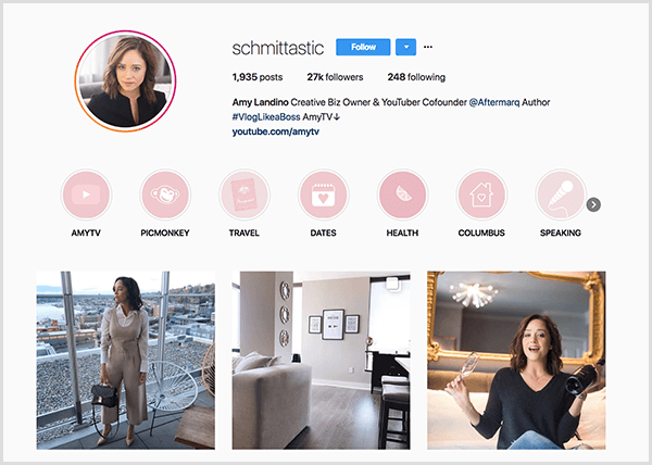 Profil Instagram Amy Landino menggunakan handle schmittastic. Profil Instagram-nya menampilkan kategori Sorotan untuk AmyTV, Picmonkey, Travel, Dates, Health, Columbus, dan Speaking. Foto-foto itu memperlihatkan foto-foto Amy.