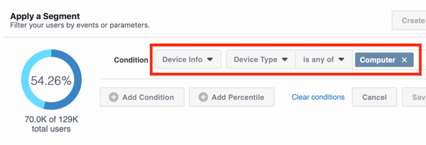 Kondisi pilihan untuk melihat porsi audiens Anda di desktop Facebook.