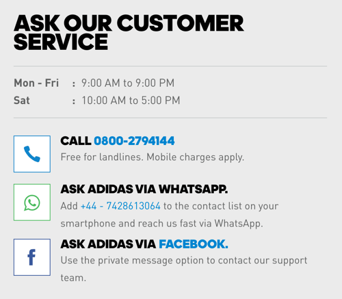 Selain nomor telepon, Adidas menyertakan tautan WhatsApp dan Facebook Messenger untuk opsi layanan pelanggan.