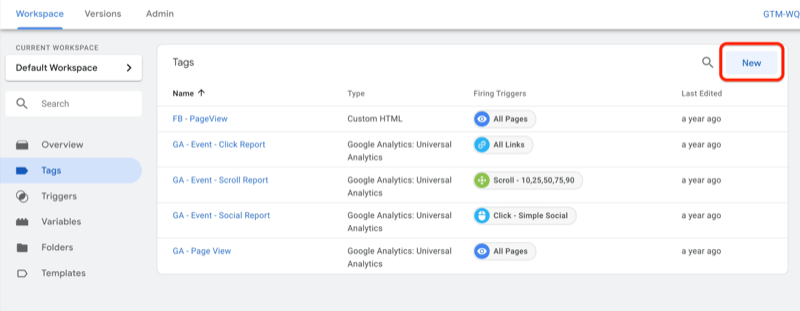 contoh ruang kerja dasbor pengelola tag google dengan tag dipilih dan beberapa contoh tag ditampilkan dengan tombol baru disorot di kanan atas