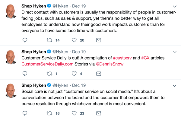 Ini adalah tangkapan layar dari tiga tweet yang dibuat Shep Hyken tentang layanan pelanggan.