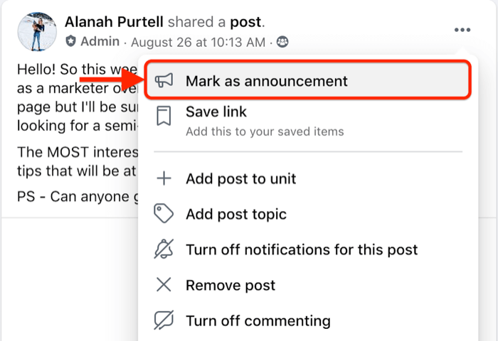 opsi menu posting grup facebook untuk menandai posting tertentu sebagai pengumuman