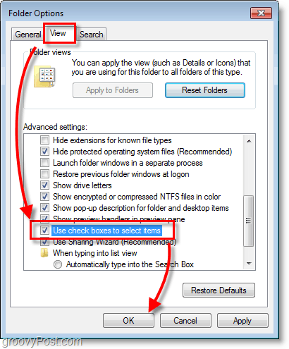 Tangkapan layar Windows 7 - opsi tampilan folder dan kotak centang untuk memilih item