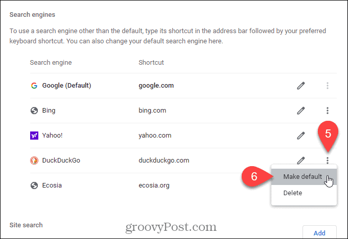 Pilih Jadikan default untuk mesin telusur yang Anda inginkan sebagai default di halaman Tab Baru di Chrome