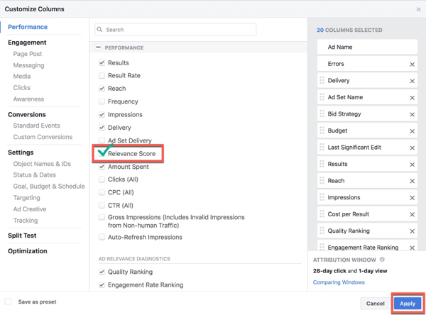 Tambahkan Skor Relevansi ke kolom pelaporan Manajer Iklan Facebook Anda.