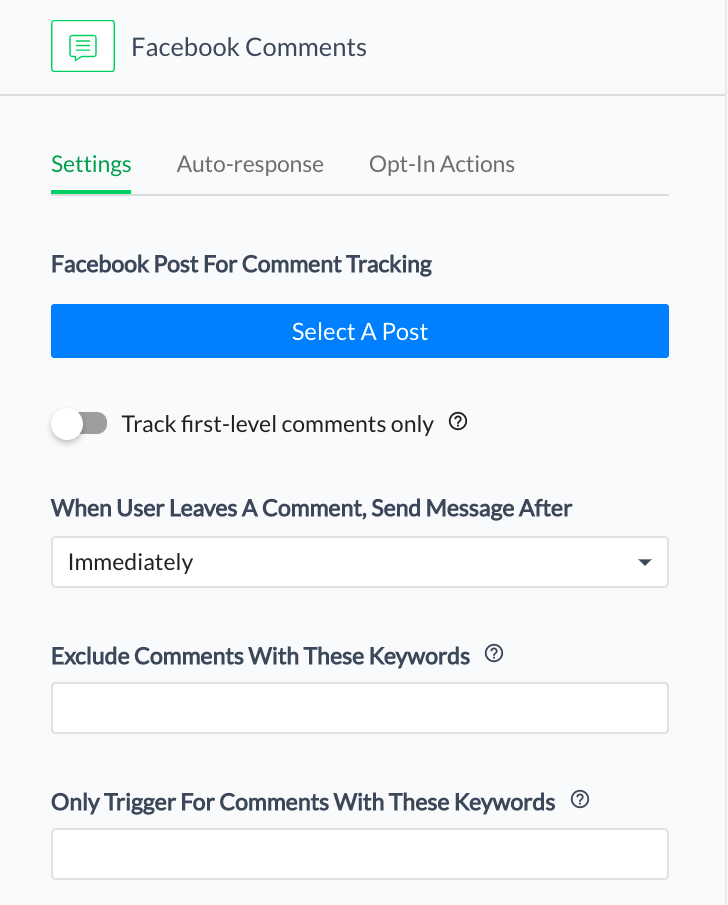 Pilih postingan Facebook Anda dan masukkan kata kunci yang akan diketik pengguna di komentar untuk memicu bot.