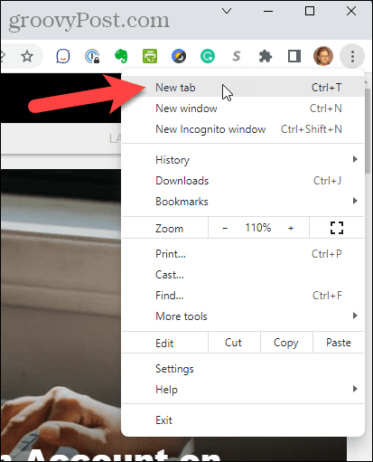 Pilih Tab Baru dari menu Chrome