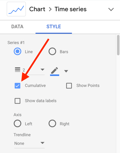 Gunakan Google Data Studio untuk menganalisis iklan Facebook Anda, langkah 24, pengaturan gaya grafik untuk garis data kumulatif