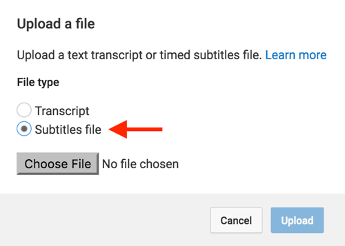 Pilih File Subtitle dan kemudian arahkan ke file SRT yang Anda buat untuk video YouTube Anda.