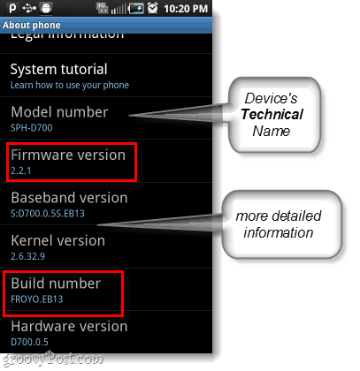 Firmware dan nomor android, nomor model juga