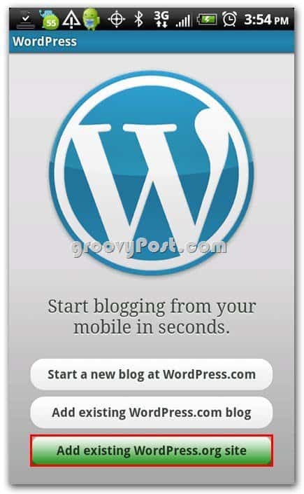 Wordpress pada Menu Pengaturan Android - Tambahkan situs Web yang ada