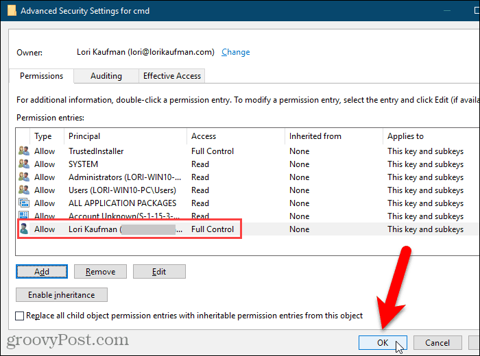 Tutup kotak dialog Pengaturan Keamanan Lanjutan di Windows Registry
