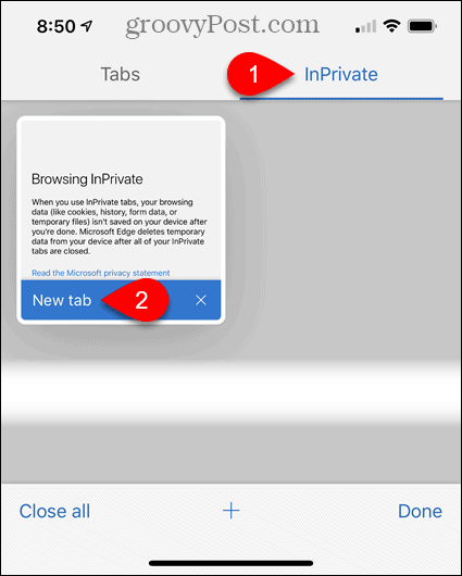 Ketuk InPrivate, lalu ketuk Tab Baru di Tepi untuk iOS