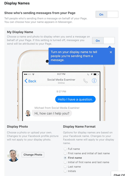 Facebook mengizinkan Admin Halaman untuk memilih nama tampilan mereka saat mereka menggunakan Messenger atas nama Halaman atau bisnis mereka.