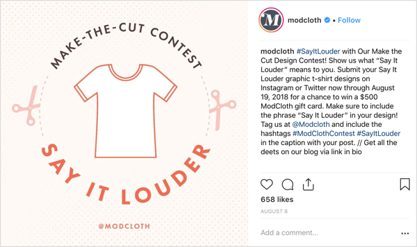 ModCloth meminta pengguna Instagram untuk membagikan desain mereka sendiri di postingan asli dan menawarkan insentif yang besar (sebanding dengan tugas): kesempatan untuk memenangkan kartu hadiah senilai $ 500.