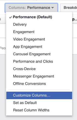 Anda dapat menyesuaikan kolom yang ditampilkan di tabel hasil iklan Facebook Anda.