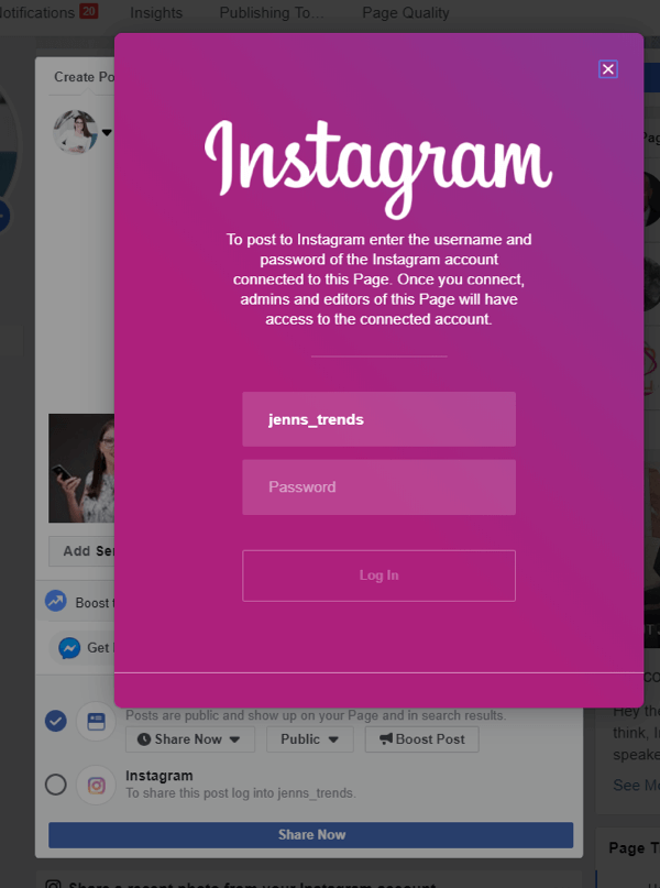 Cara mengirim silang ke Instagram dari Facebook di desktop, langkah 4, masuk ke Instagram