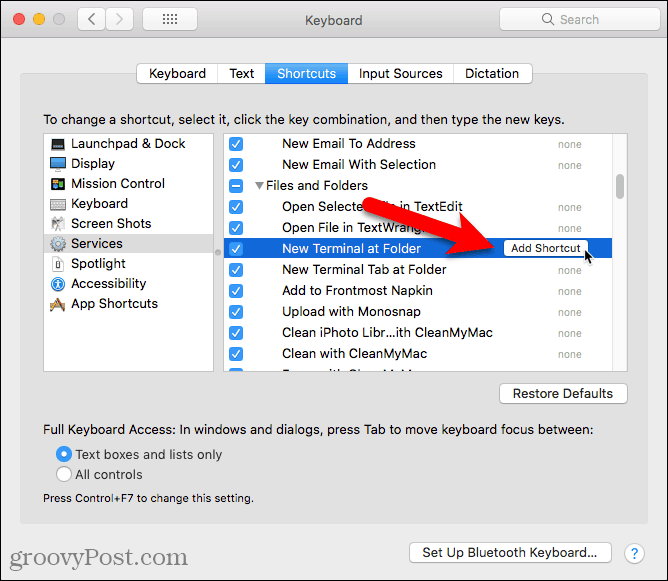 Klik Tambahkan Pintasan untuk Terminal Baru di layanan Folder pada Mac