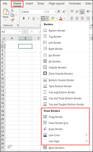 Opsi perbatasan di Excel