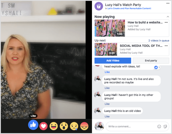 Anggota grup dapat mengomentari dan bereaksi terhadap video selama pesta menonton Facebook.