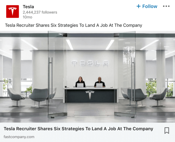Contoh posting halaman perusahaan Tesla LinkedIn.
