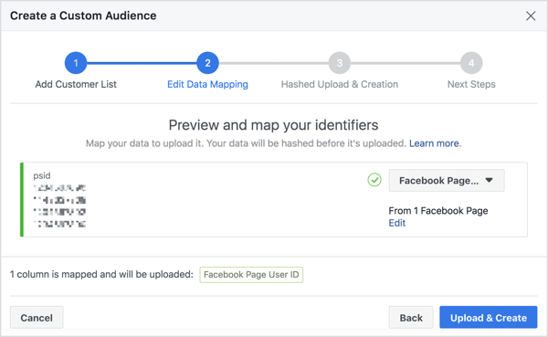 Saat Anda mengimpor daftar pelanggan bot Messenger Anda untuk membuat audiens khusus, Facebook memetakan nomor ID pengguna Facebook mereka, yang terkait dengan profil mereka.