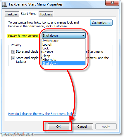 mengubah aksi tombol daya menu mulai di windows 7