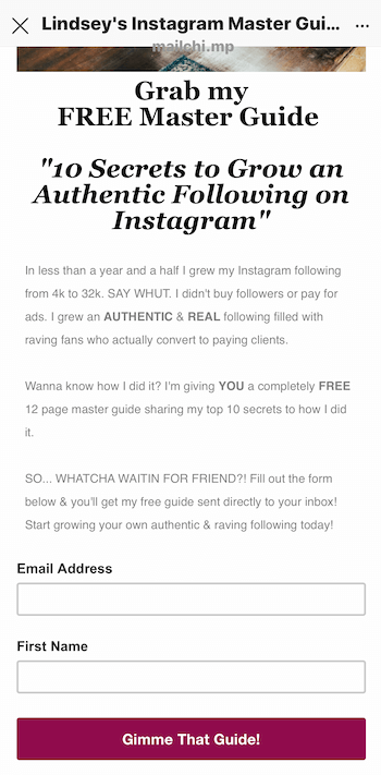 contoh halaman arahan untuk magnet utama yang dipromosikan di Instagram story
