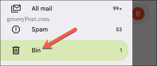 Buka folder Sampah di aplikasi Gmail di ponsel