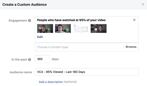Opsi pengaturan untuk membuat audiens kustom Facebook dari orang-orang yang menonton video di Facebook atau Instagram.
