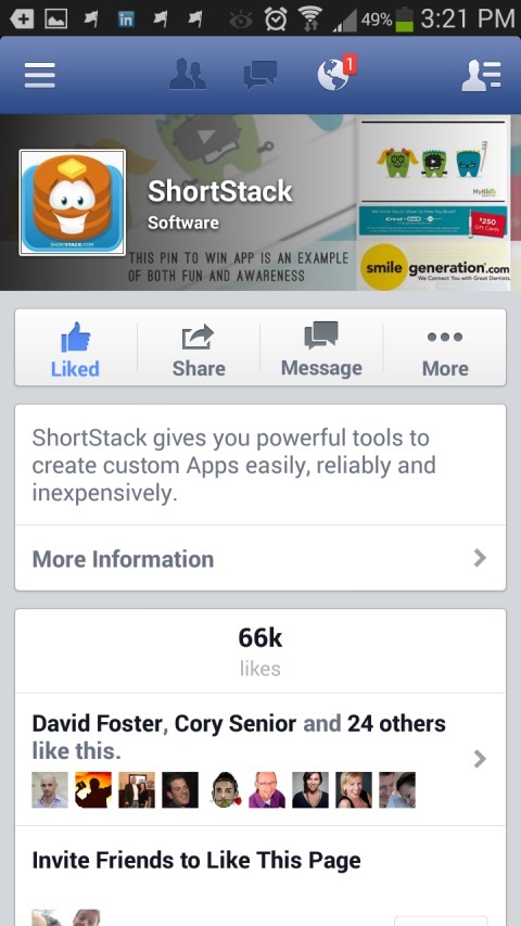 halaman facebook shortstack pada perangkat mobile