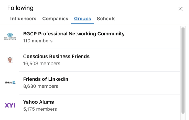 Profil LinkedIn memperluas kotak Minat dengan tab Grup dipilih