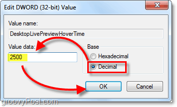 sesuaikan properti kata kunci ke Desimal dan nilai data menjadi 2500 untuk windows 7 DesktopLivePreviewHoverTime